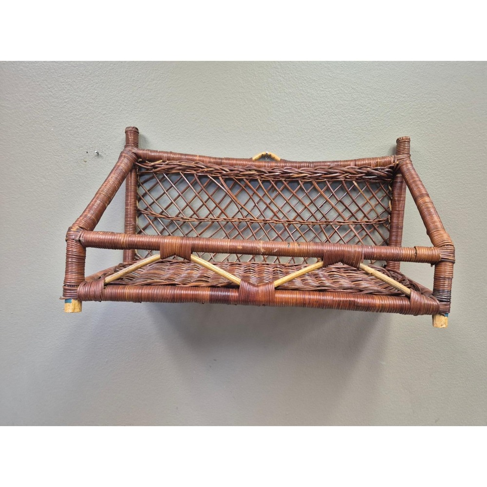 Vintage Wicker Rattan Tabletop Wall Shelf Basket Organizer Boho Cottage Decor